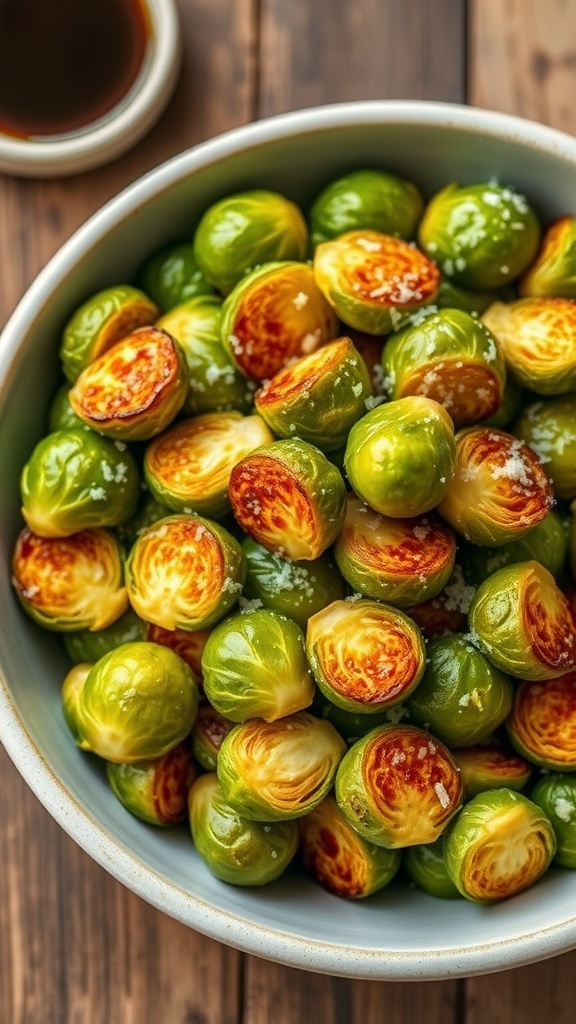Crispy air fryer Brussels sprouts topped with Parmesan cheese on a rustic table.